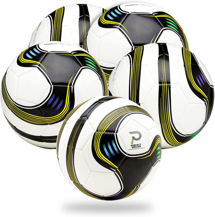 Perfect Soccer Balls Size 5 Pack of 5 w/Premium Soccer Ball Bag Combo Designed to Hold Pressure Pelota De Futbol Durable Youth Soccer Ball Rockets Off Your Foot | Made for Adults & Youth
