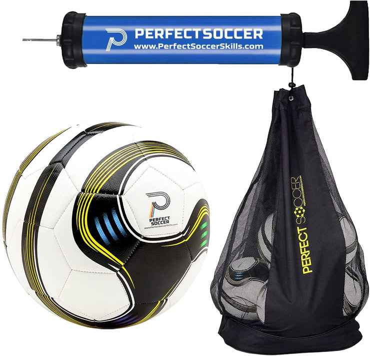 Perfect Soccer Balls Size 5 Set of 10 Designed to Hold Pressure & Rocket Off Your Foot w/ Soccer Ball Bag & Soccer Ball Pump Sturdy Multi Pack Soccer Balls Futbol Combo for Youths & Adults