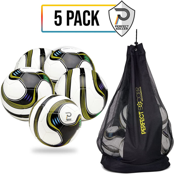 Perfect Soccer Balls Size 5 Pack of 5 w/Premium Soccer Ball Bag Combo Designed to Hold Pressure Pelota De Futbol Durable Youth Soccer Ball Rockets Off Your Foot | Made for Adults & Youth