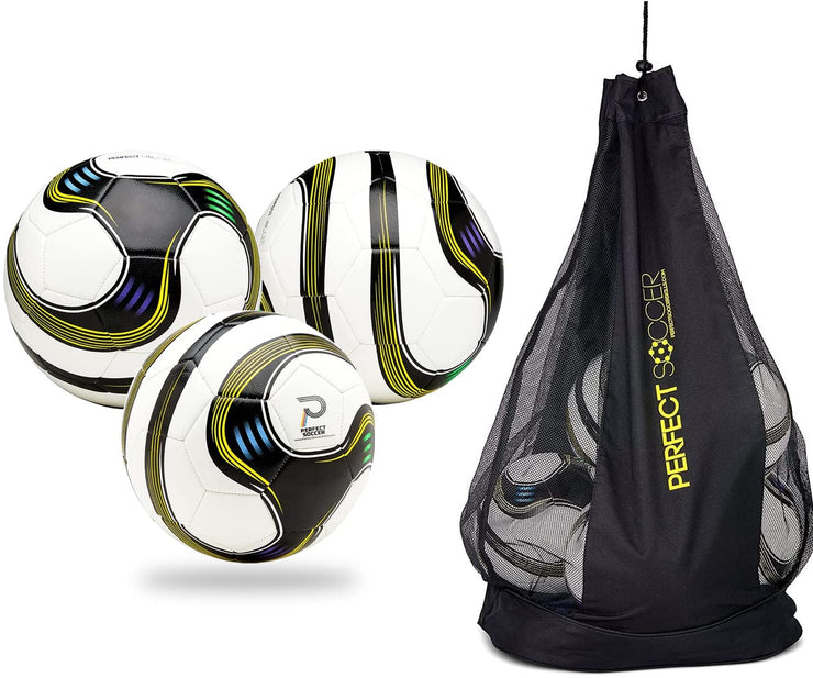 Perfect Soccer Balls Size 5 Pack of 3 w/Premium Soccer Ball Bag Combo Designed to Hold Pressure Pelota De Futbol Durable Youth Soccer Ball Rockets Off Your Foot | Made for Adults & Youth