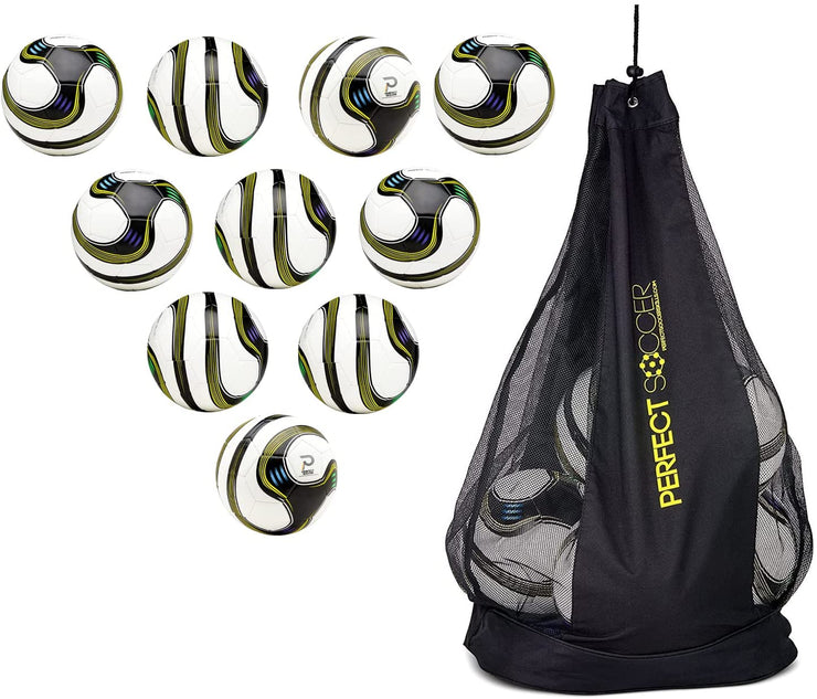 Perfect Soccer Balls Size 5 Set of 10 Designed to Hold Pressure & Rocket Off Your Foot w/ Soccer Ball Bag & Soccer Ball Pump Sturdy Multi Pack Soccer Balls Futbol Combo for Youths & Adults