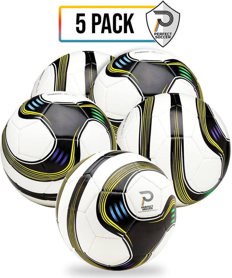 Perfect Soccer Balls Size 5 Pack of 5 w/Premium Soccer Ball Bag Combo Designed to Hold Pressure Pelota De Futbol Durable Youth Soccer Ball Rockets Off Your Foot | Made for Adults & Youth
